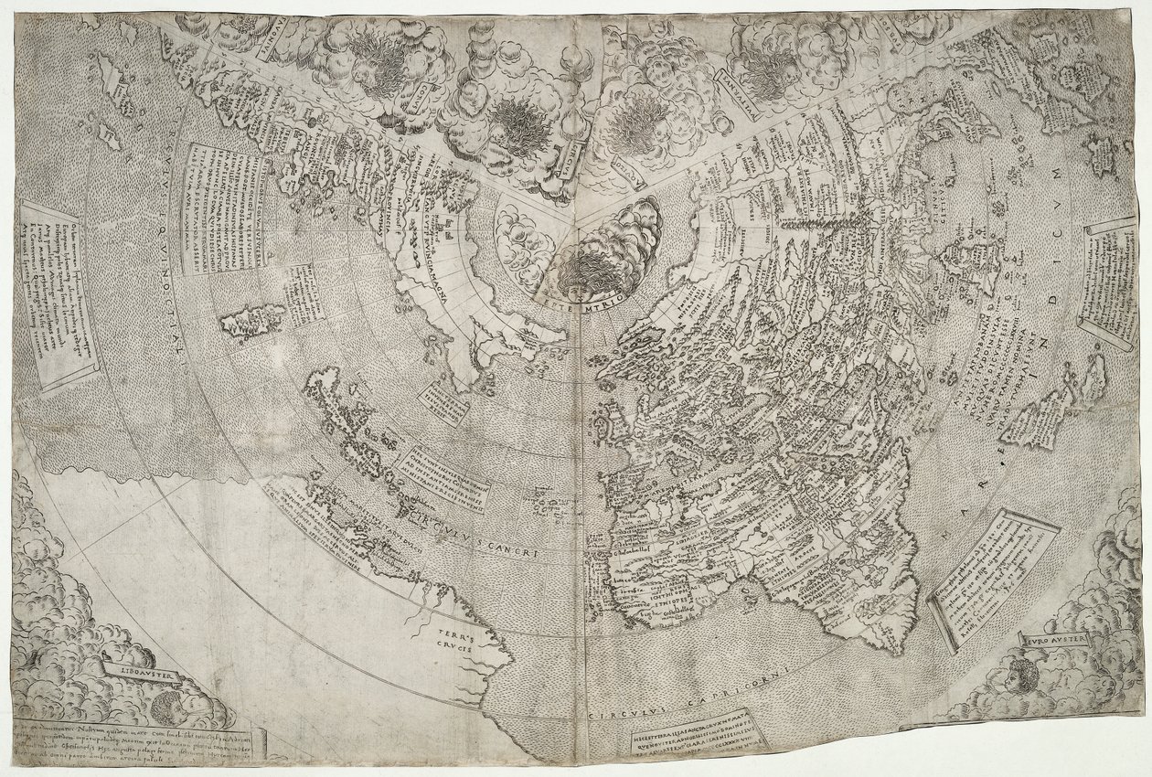 Wereldkaart, Mundu [sic] spericum...cognosces diligentia joani mathei Contareni.., door Contarini, Giovanni en Francesco Rosselli door Giovanni Contarini