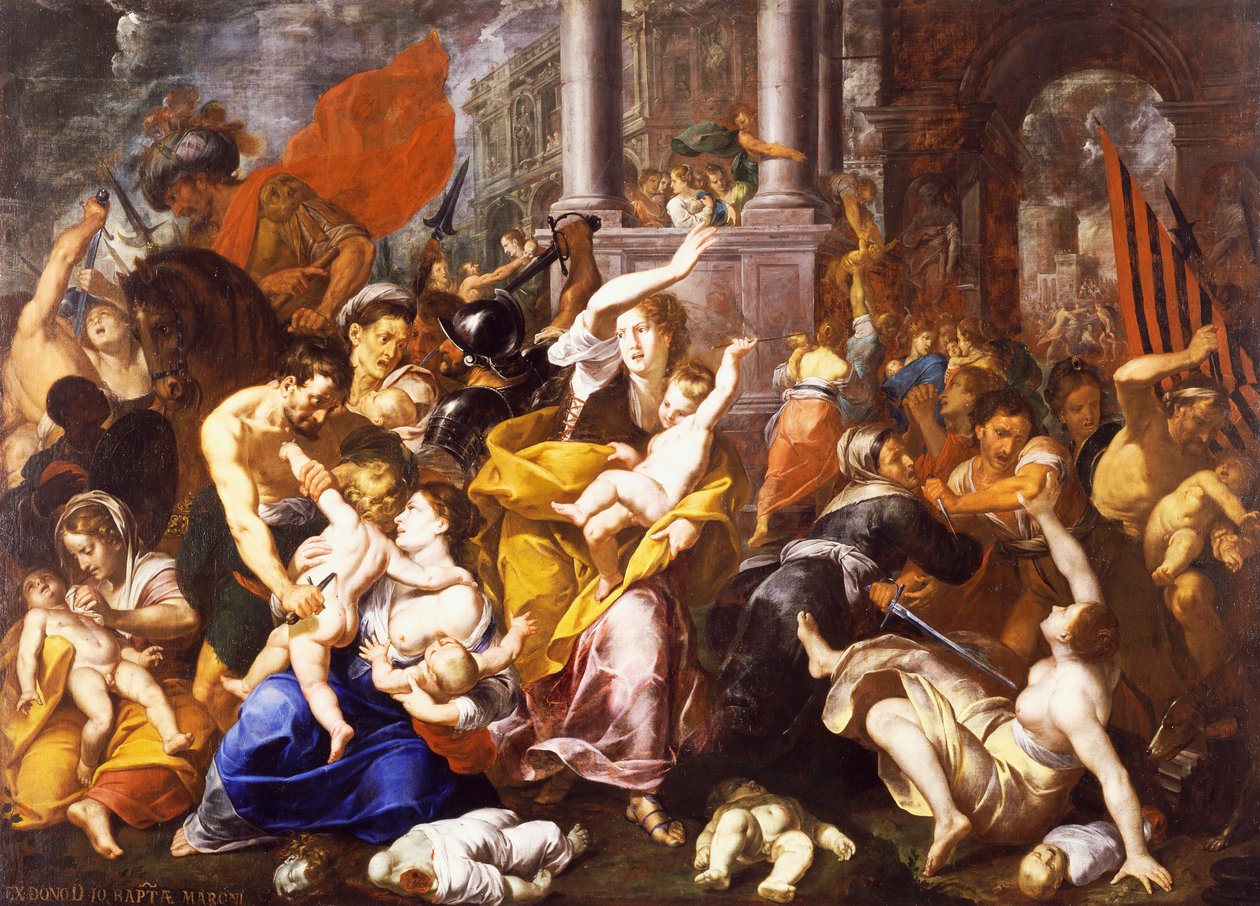 De Kindermoord, door Johann Christoph Storer (1611-1671), olieverf op doek, 300x420 cm, Kerk van St. Eustorgio, Milaan, Italië door Giovanni Cristoforo Storer