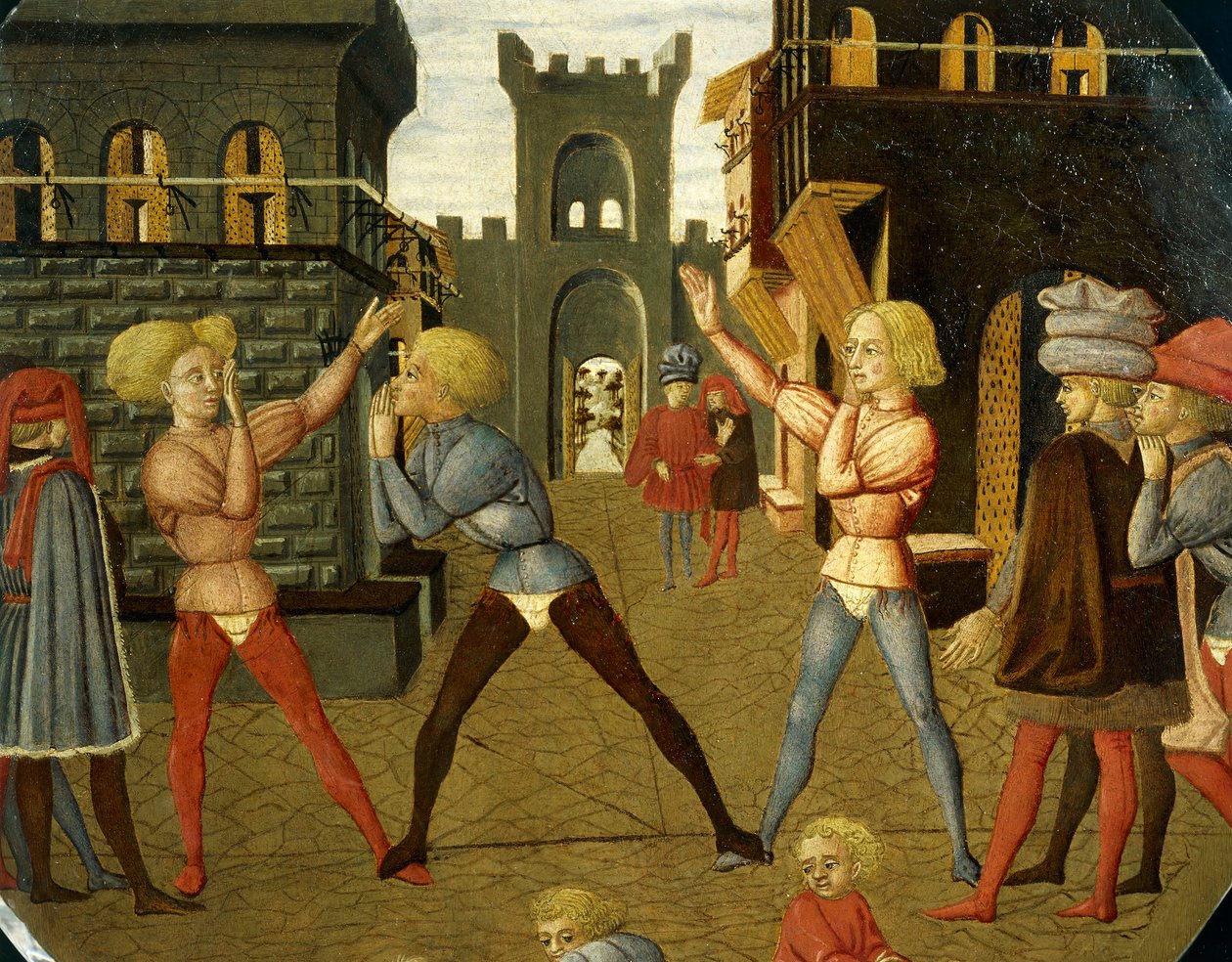 Spel genaamd civettino, detail van geboorte dienblad (rond schilderij), circa 1450 door Giovanni Di Ser Giovanni Lo Scheggia Guidi