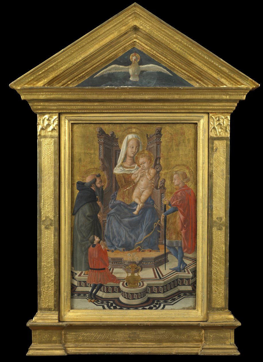 Maagd en Kind op de troon, met heiligen Antonius Abt en Julianus en een schenker (bovenste fronton - Heilige Geest), ca. 1430 door Giovanni Di Ser Giovanni Lo Sheggia (attr. to) Guidi