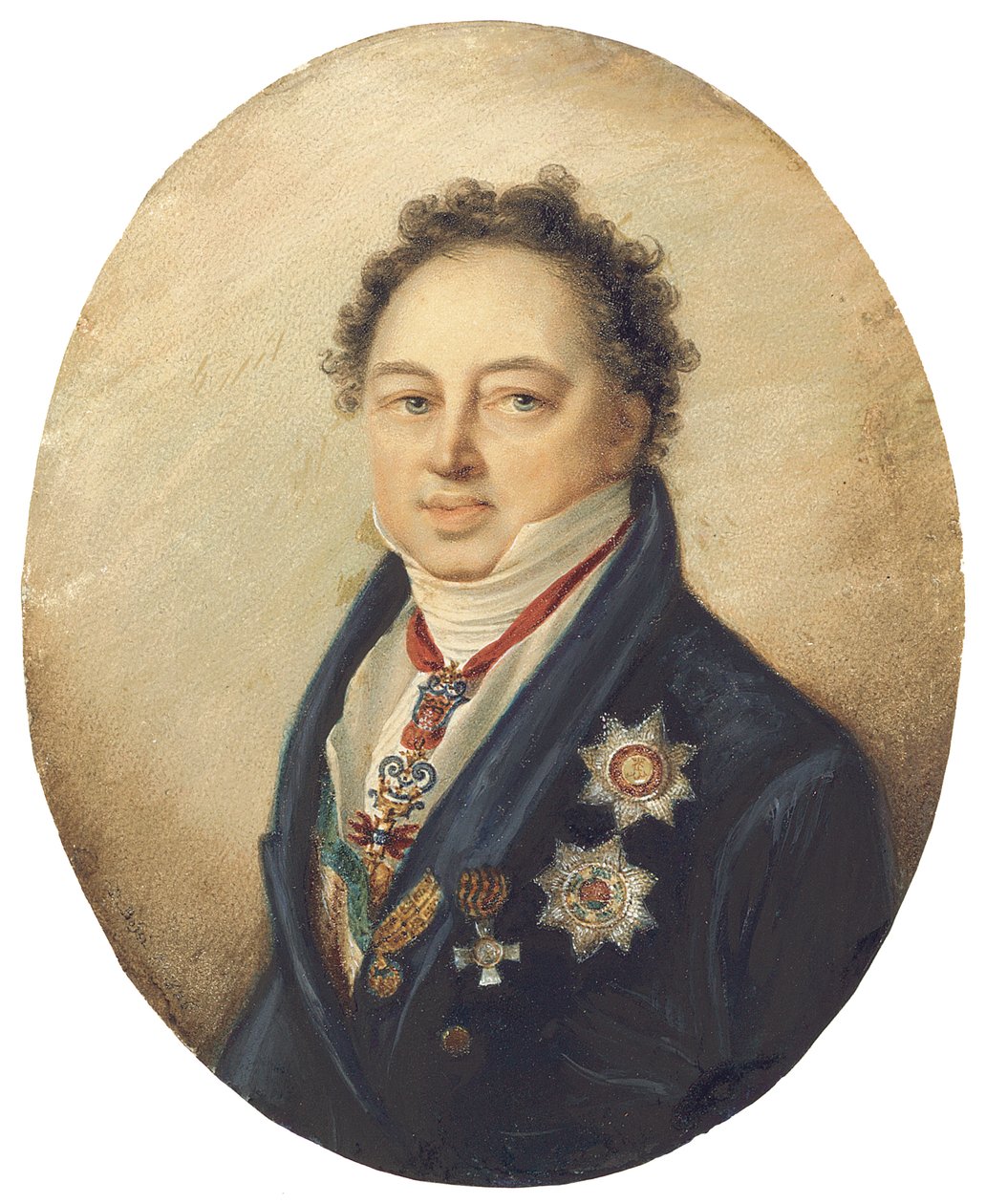 Graaf Dmitry Pavlovich Tatishchev, naar links kijkend in blauwe jas, witte vest en das door Giovanni Domenico Bossi