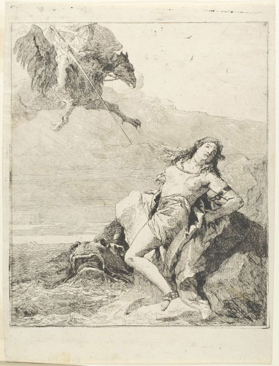 Angelica gebonden en op het punt om door het zeemonster verslonden te worden door Giovanni Domenico Tiepolo