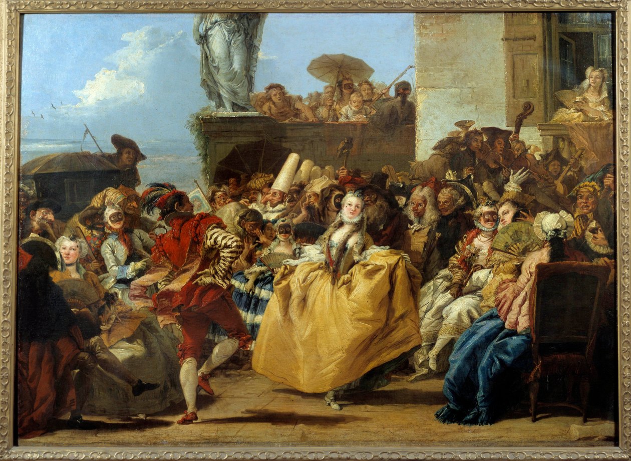 Carnavalscène of de Menuet. Dansscène met maskers in de 18e eeuw. Schilderij door Gian Domenico Tiepolo (1727-1804) door Giovanni Domenico Tiepolo