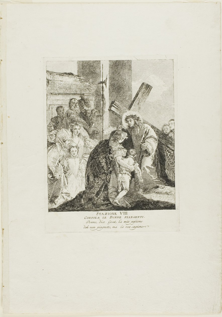 Christus troost de wenende vrouwen, plaat acht uit Kruiswegstaties door Giovanni Domenico Tiepolo