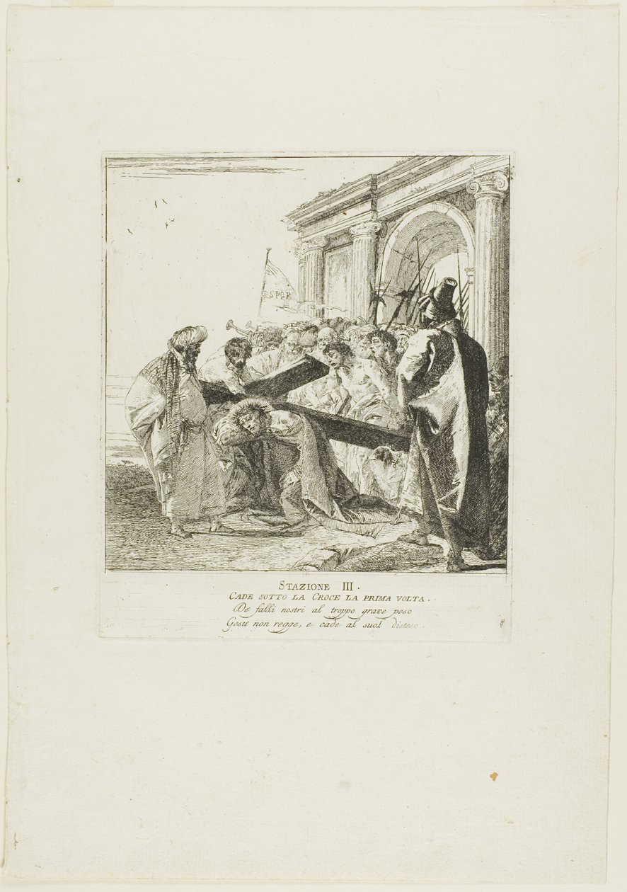 Christus valt voor het eerst onder het kruis, plaat drie uit Kruiswegstaties door Giovanni Domenico Tiepolo