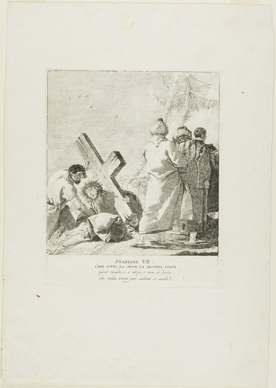 Christus valt voor de tweede keer onder het kruis, plaat zeven uit Kruiswegstaties door Giovanni Domenico Tiepolo