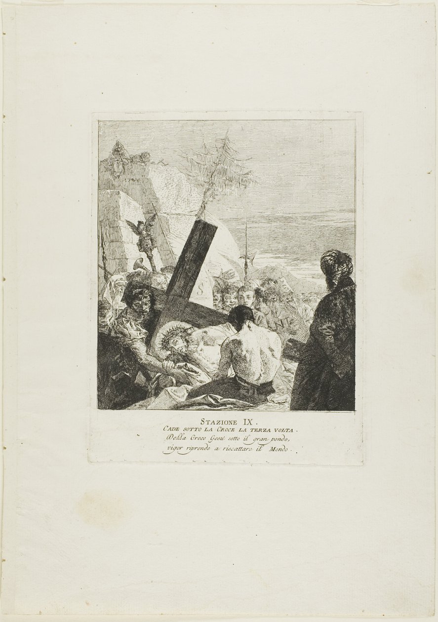 Christus valt voor de derde keer onder het kruis, plaat negen uit Kruiswegstaties door Giovanni Domenico Tiepolo