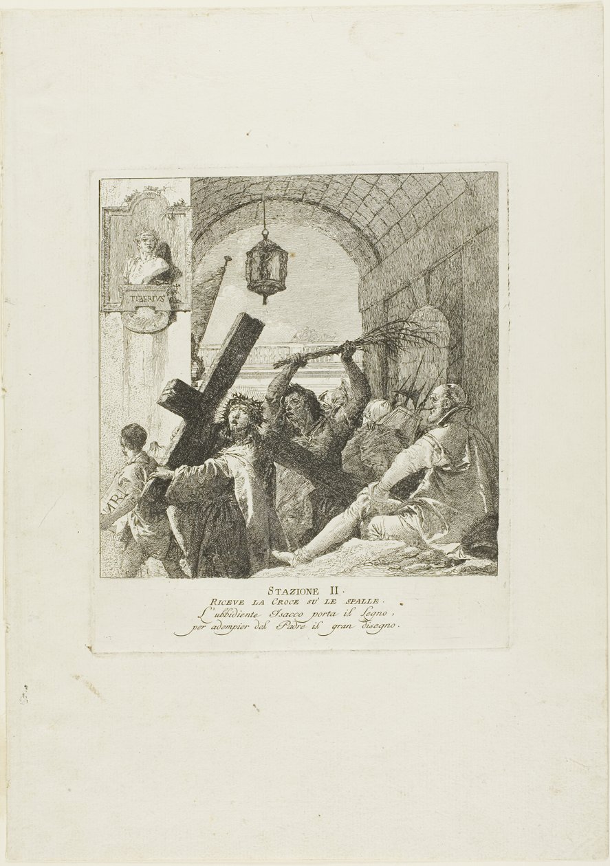 Christus ontvangt het kruis, plaat twee uit Kruiswegstaties door Giovanni Domenico Tiepolo