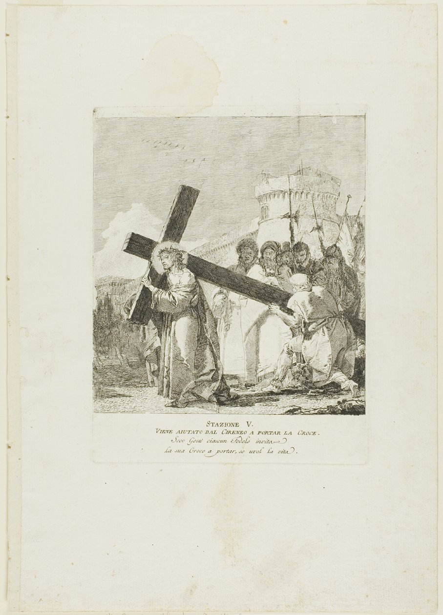 Christus wordt geholpen door Simon van Cyrene, plaat vijf uit Kruiswegstaties door Giovanni Domenico Tiepolo