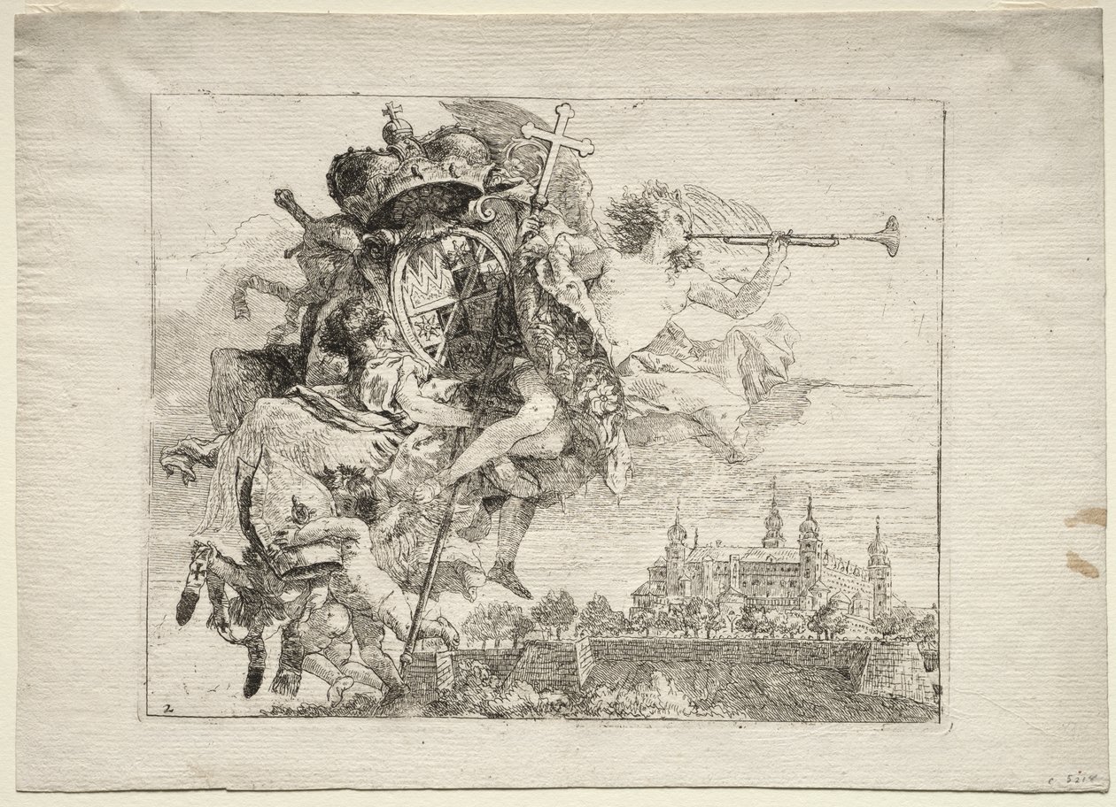 Vlucht naar Egypte: Toewijding met Gevleugelde Figuur van Roem die de Wapens van de Prins-Bisschop van Würzburg Draagt door Giovanni Domenico Tiepolo
