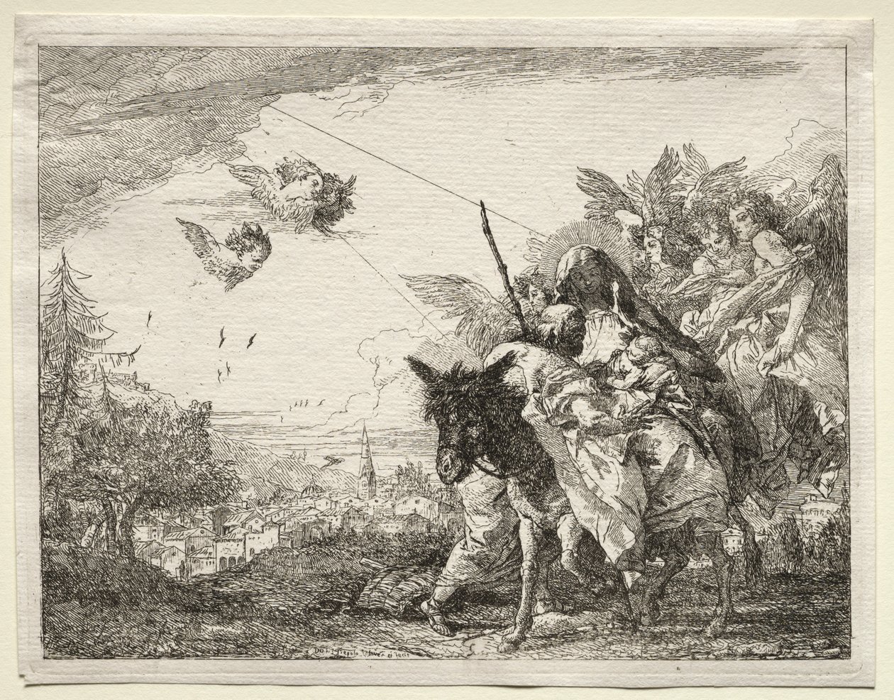 Vlucht naar Egypte: Jozef pauzeert om naar het kind Christus te kijken door Giovanni Domenico Tiepolo