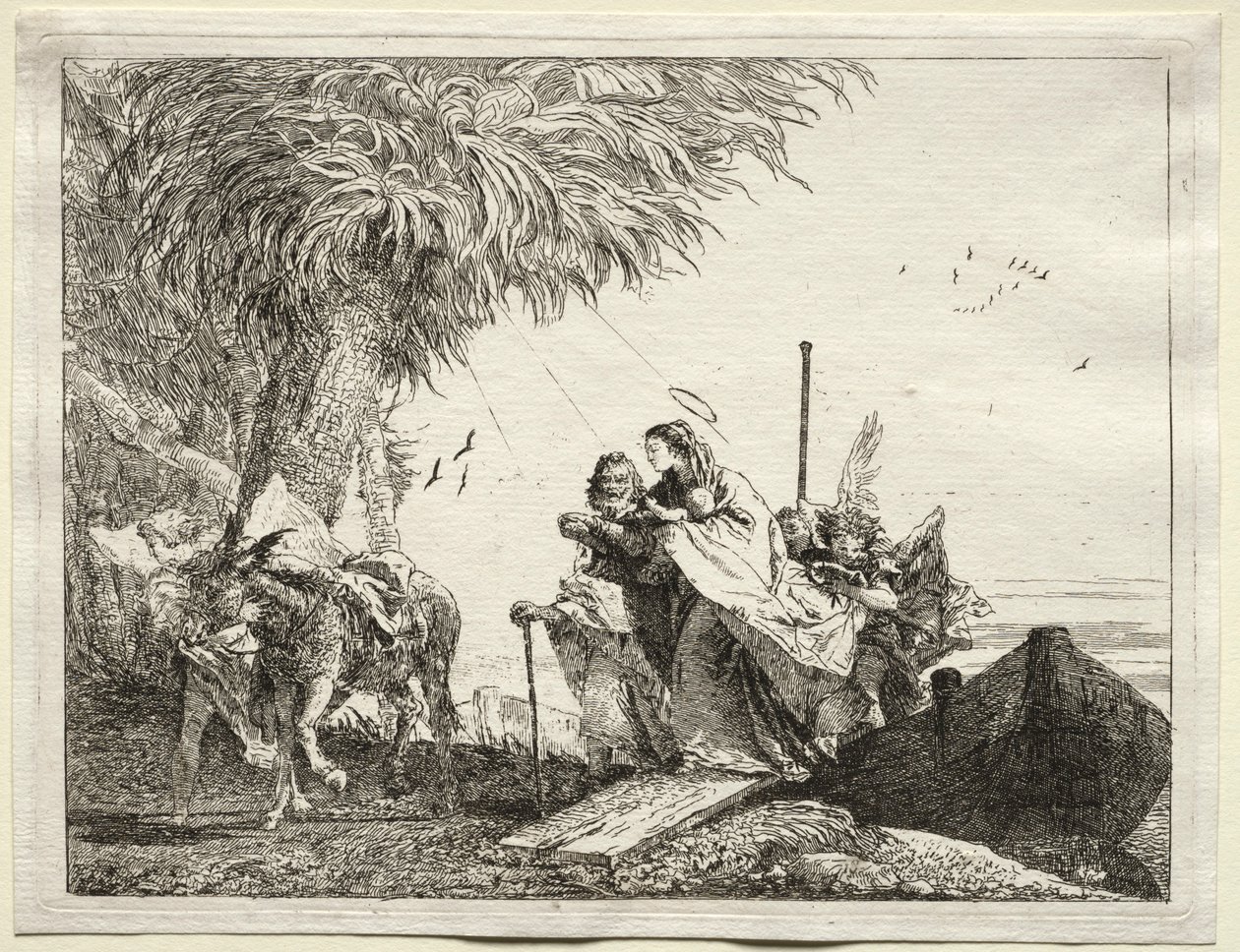 Vlucht naar Egypte: De Heilige Familie, ontscheping door Giovanni Domenico Tiepolo