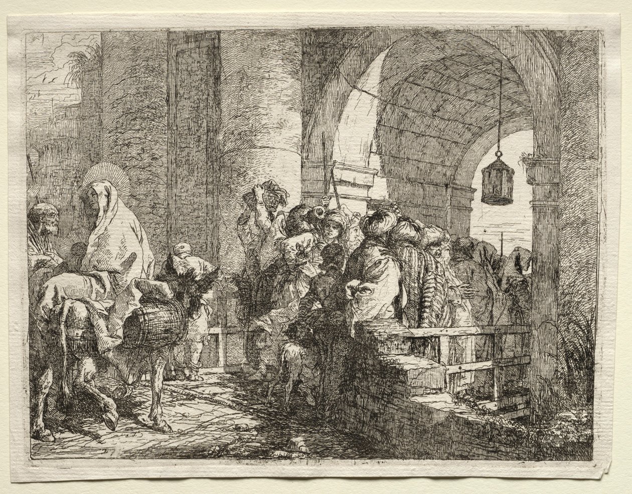 Vlucht naar Egypte: De Heilige Familie Onder een Boog door Giovanni Domenico Tiepolo