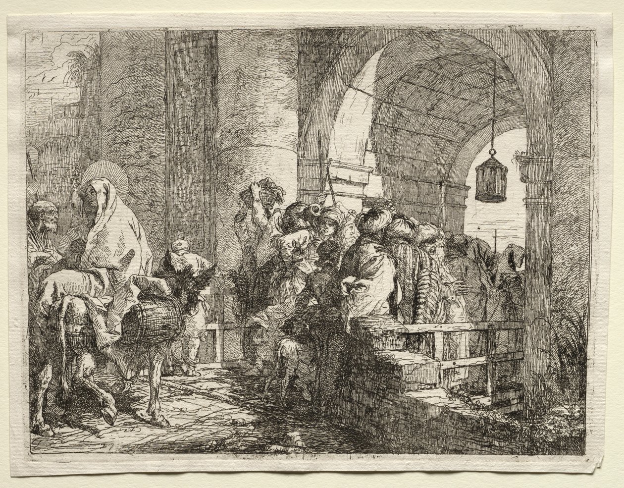 Vlucht naar Egypte: De Heilige Familie onder een boog door Giovanni Domenico Tiepolo