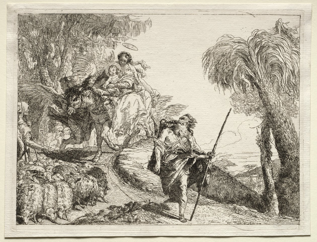Vlucht naar Egypte: De Heilige Familie en de Kudde Schapen door Giovanni Domenico Tiepolo