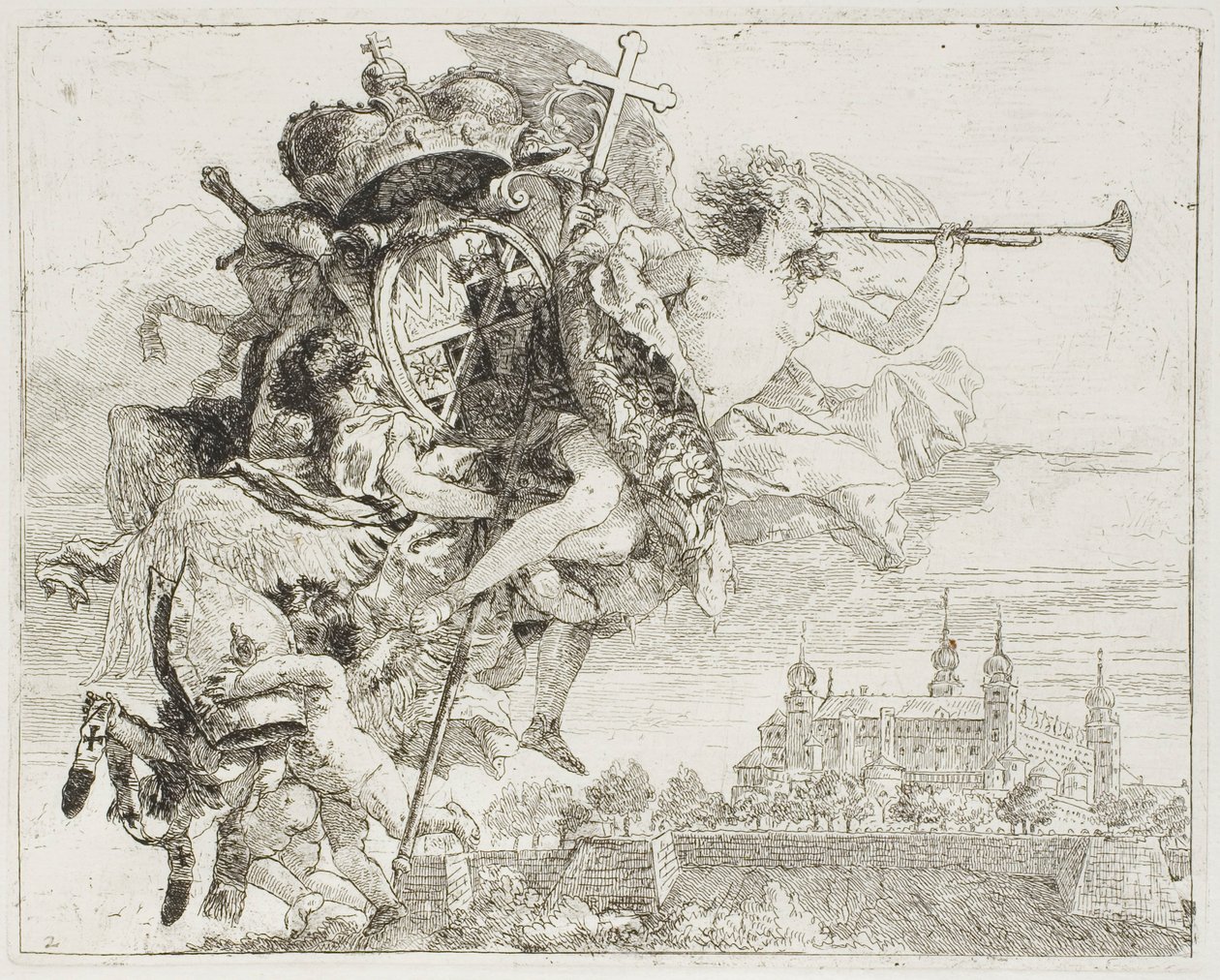 Frontispice: De wapens van Carl Philipp von Greiffenklau gedragen door een engel, uit De vlucht naar Egypte door Giovanni Domenico Tiepolo