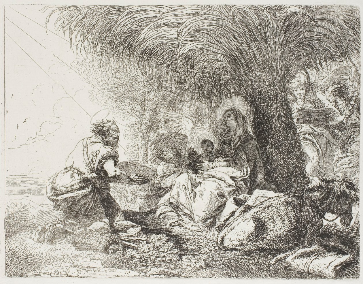 Jozef aanbidt het kind terwijl twee engelen zingen, plaat negentien uit De vlucht naar Egypte door Giovanni Domenico Tiepolo