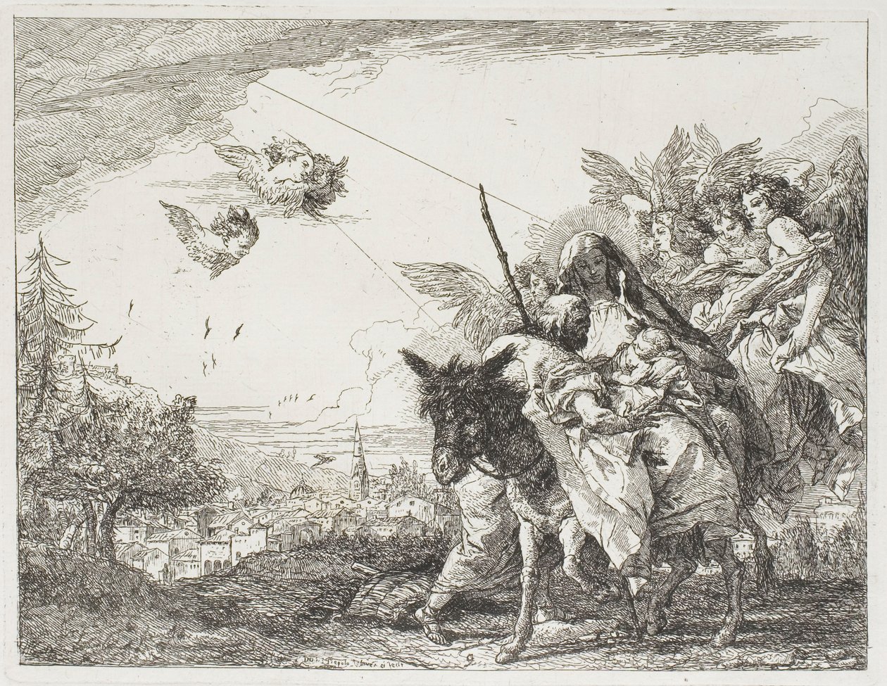 Jozef aanbidt het kind dat wordt vastgehouden in de armen van Maria, plaat negen uit De Vlucht naar Egypte door Giovanni Domenico Tiepolo