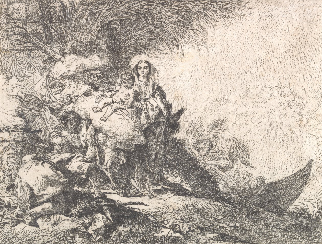 Jozef Aanbidt het Christuskind bij een Rokend Altaar, uit de Vlucht naar Egypte, 1752 door Giovanni Domenico Tiepolo