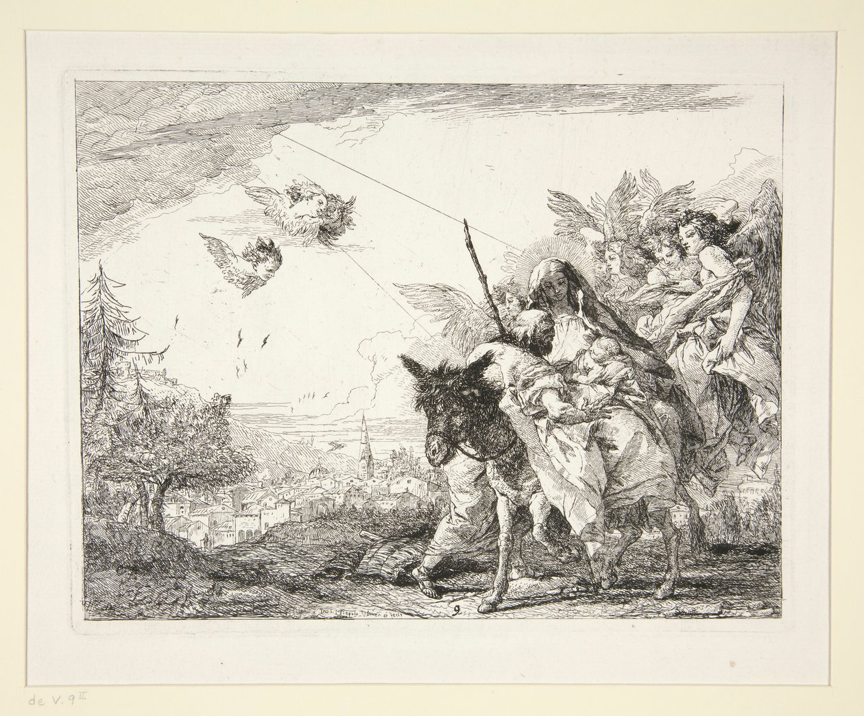Jozef Contempleert het Kind Jezus, uit de serie Idee pittoresche sopra la fuga in Egitto (Vlucht naar Egypte) door Giovanni Domenico Tiepolo