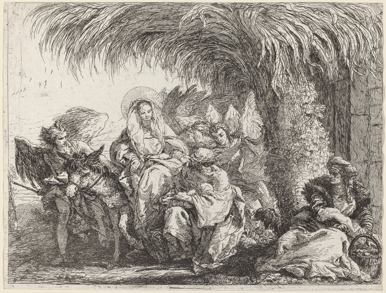 Jozef knielt met het kind voor Maria op de ezel door Giovanni Domenico Tiepolo