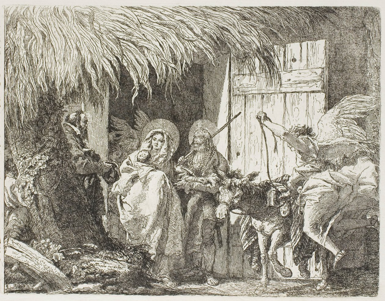Jozef en Maria Zoeken Onderdak, plaat vijf uit De Vlucht naar Egypte door Giovanni Domenico Tiepolo