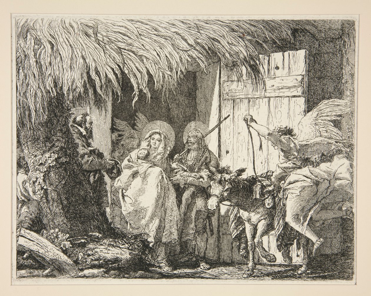 Jozef en Maria voor een huis, uit de serie Idee pittoresche sopra la fuga in Egitto door Giovanni Domenico Tiepolo