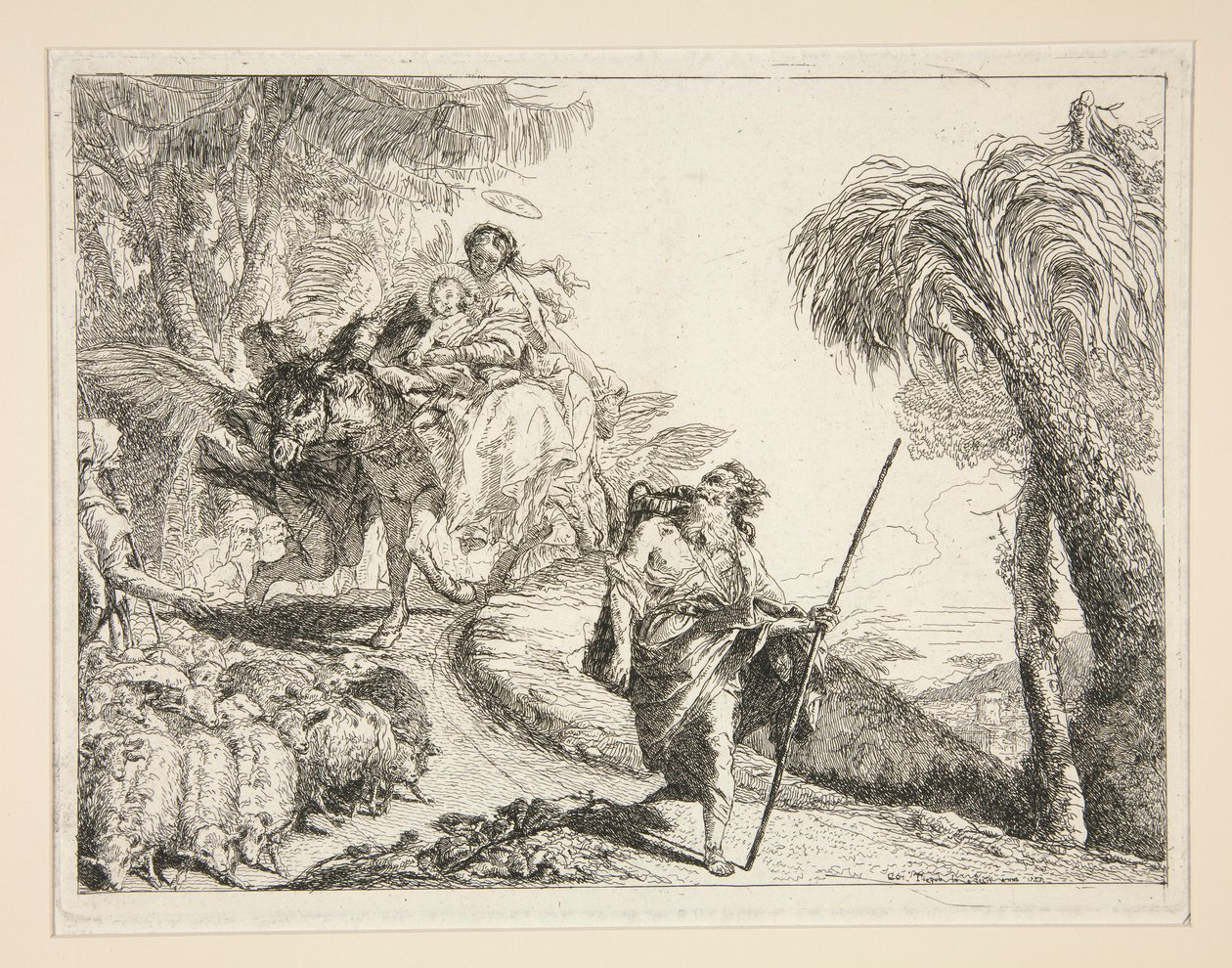 Jozef met de Maagd en Kind, uit de serie Idee pittoresche sopra la fuga in Egitto (Vlucht naar Egypte) door Giovanni Domenico Tiepolo