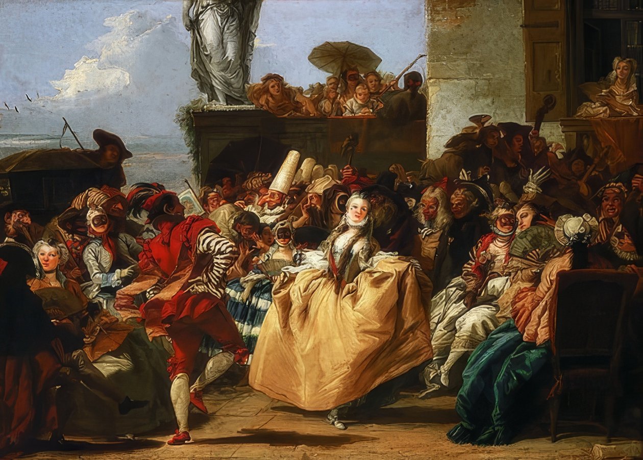 Carnavalscène of Het Menuet. 1745/50 door Giovanni Domenico Tiepolo