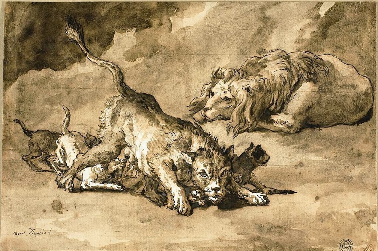 Leeuw, leeuwin en welpen door Giovanni Domenico Tiepolo