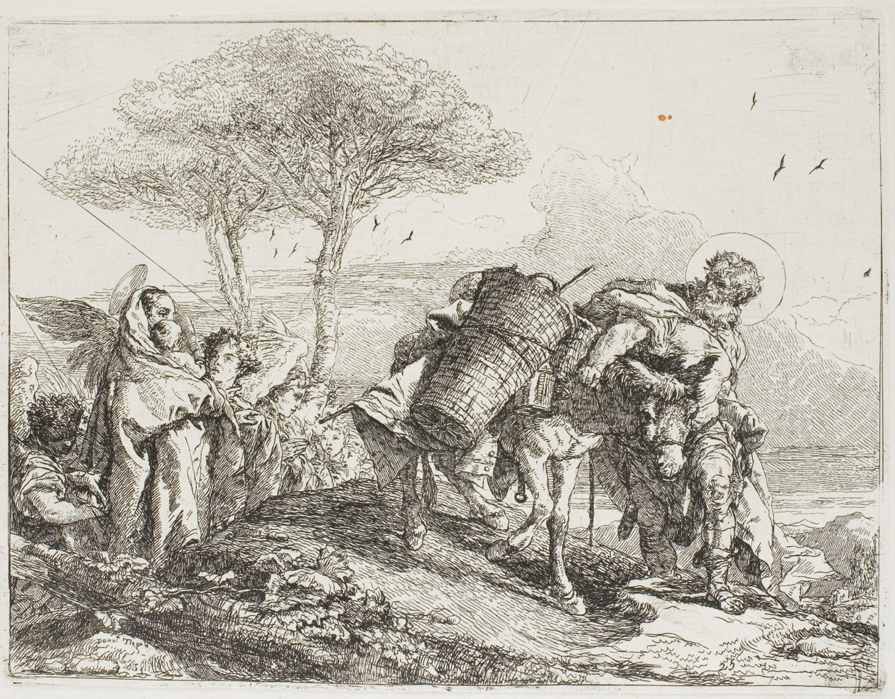 Maria, geholpen door twee engelen, volgt Jozef met de ezel, plaat 25 uit De Vlucht naar Egypte door Giovanni Domenico Tiepolo