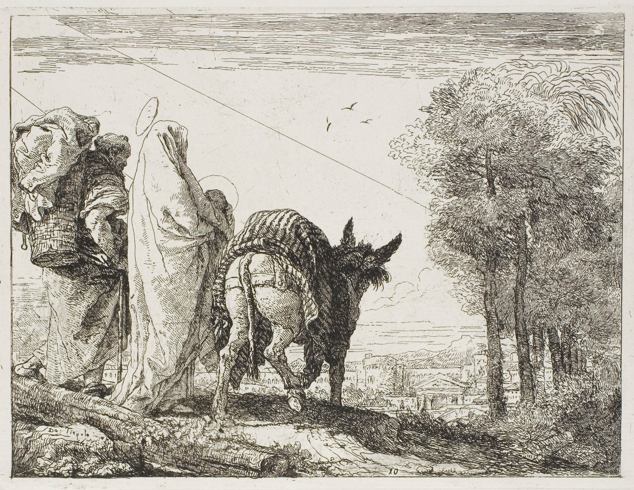 Maria houdt het kind in haar armen en Jozef met de mand, plaat tien uit De vlucht naar Egypte door Giovanni Domenico Tiepolo