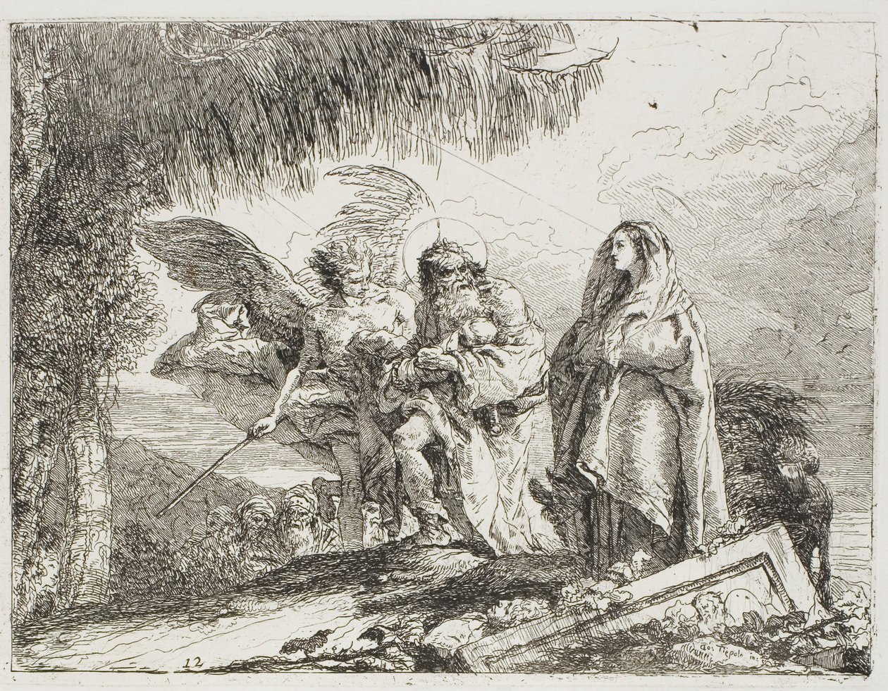 Maria en Jozef, die het Kind Vasthouden, worden Begeleid door een Engel, plaat twaalf uit De Vlucht naar Egypte door Giovanni Domenico Tiepolo