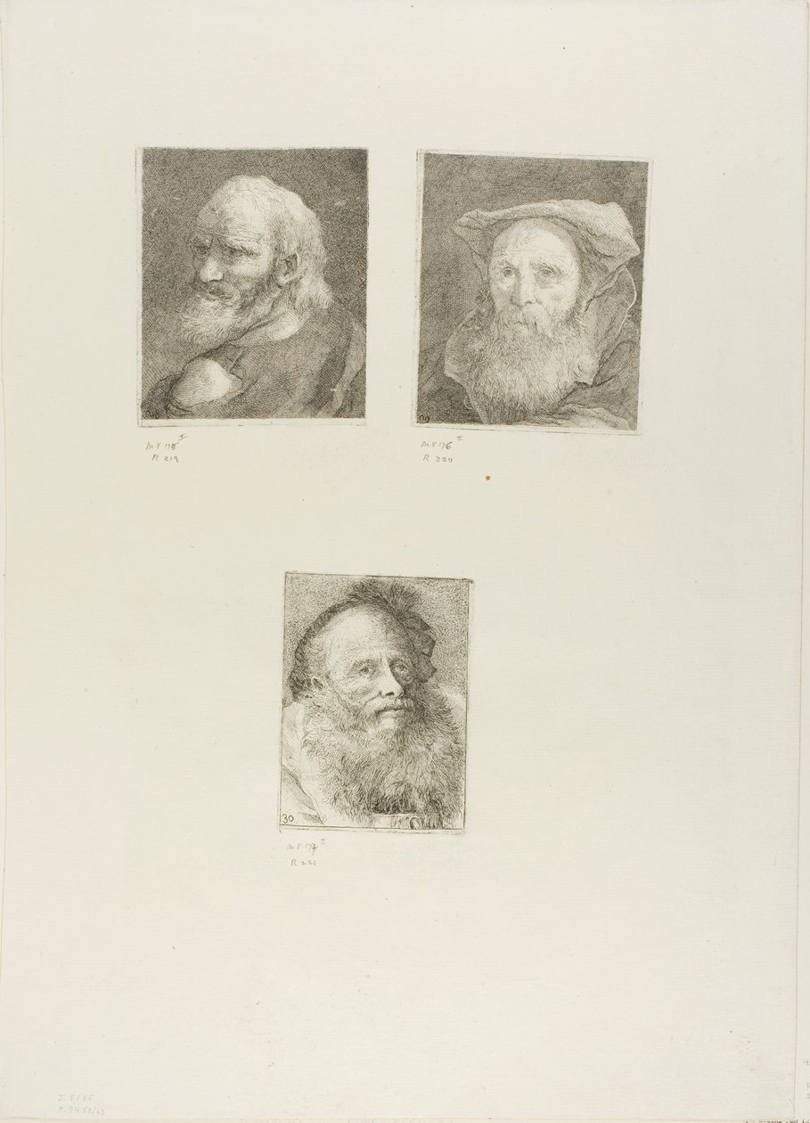 Oude man met baard, oude man met baard en hoed, oude man met decoratieve kap door Giovanni Domenico Tiepolo