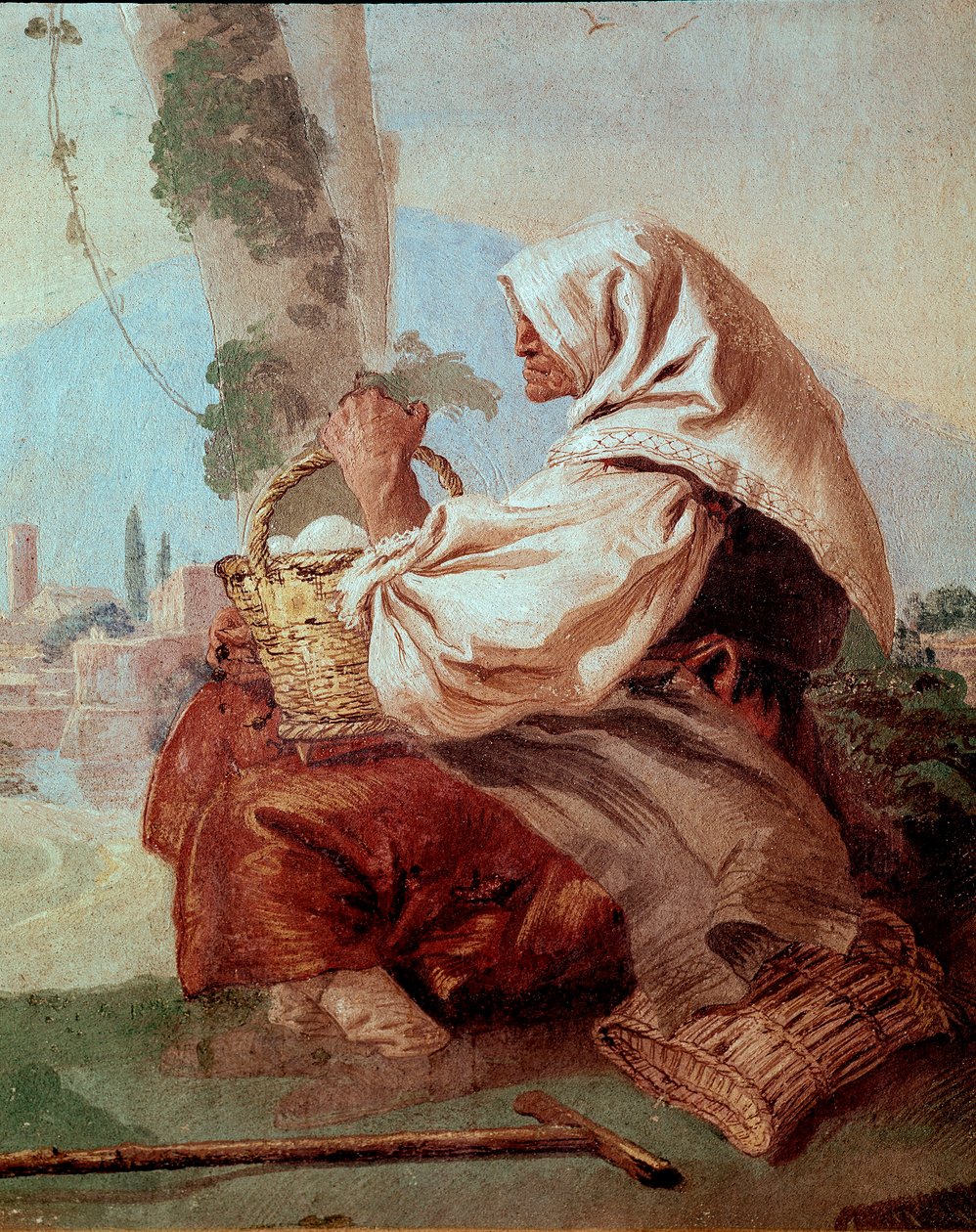 Oude boerin met een mand eieren door Giovanni Domenico Tiepolo