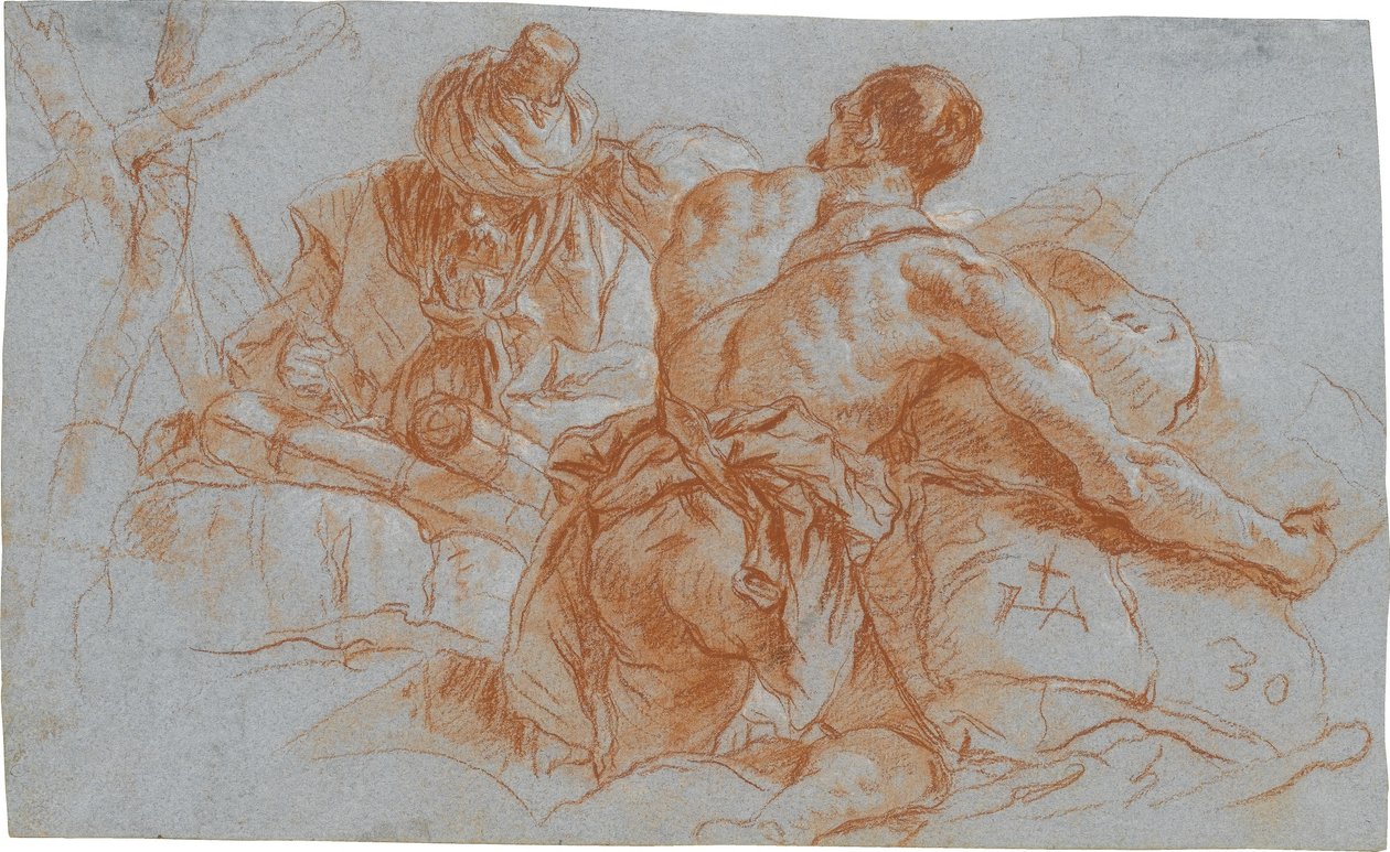 Orientalische Handelsleute mit Warenballen; verso: Skizze zu einem angewinkelten linken Arm door Giovanni Domenico Tiepolo