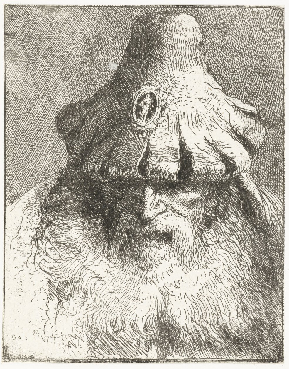 Oude man met kegelvormige muts met ingesneden rand door Giovanni Domenico Tiepolo