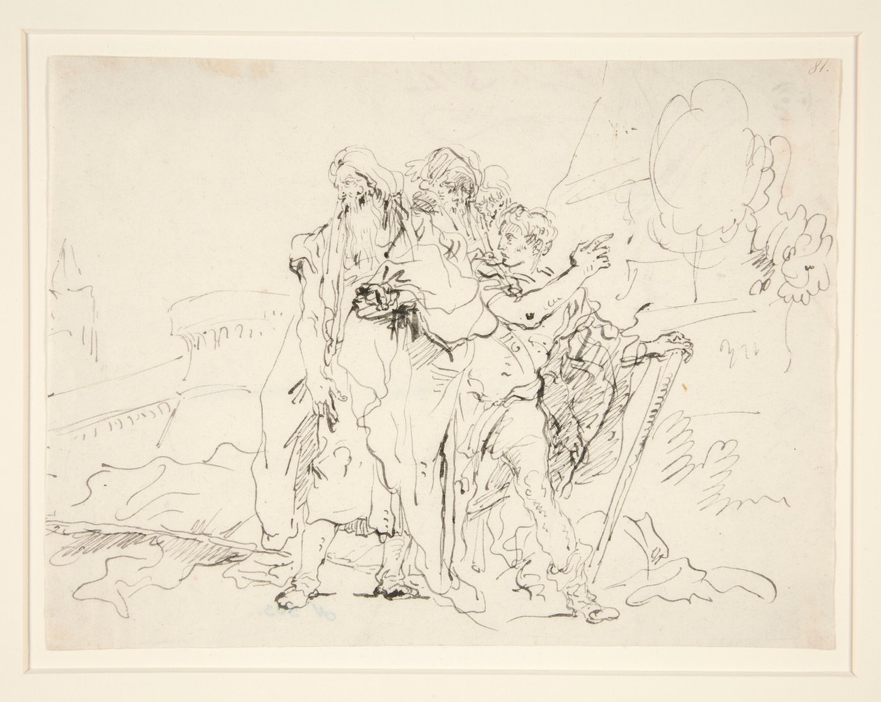 Priamus en metgezellen buiten de muren van Troje door Giovanni Domenico Tiepolo