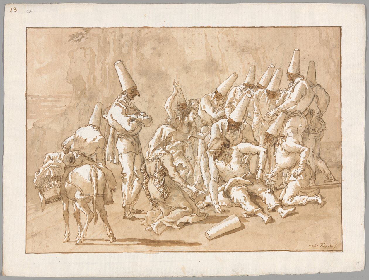Punchinello stort in op de weg door Giovanni Domenico Tiepolo