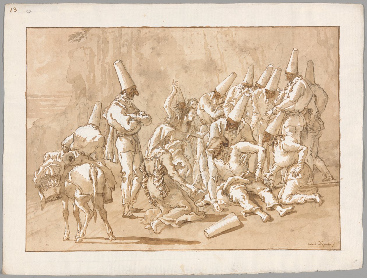 Punchinello stort in op de weg door Giovanni Domenico Tiepolo