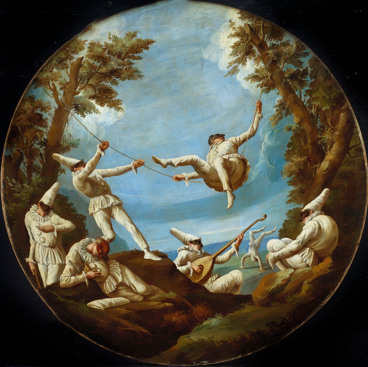 Punchinellos op Schommels, Muziek maken en Acrobatiek doen in een Landschap door Giovanni Domenico Tiepolo