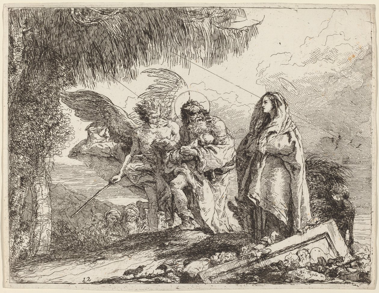De vlucht, Heilige Familie wandelend met engel door Giovanni Domenico Tiepolo