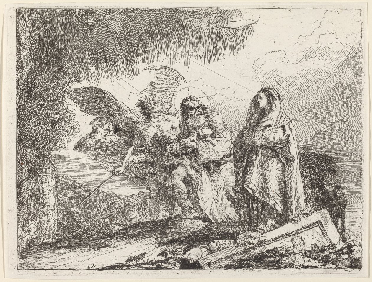 De vlucht, Heilige Familie wandelend met engel door Giovanni Domenico Tiepolo