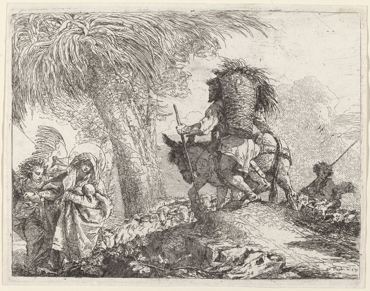 De Vlucht, Jozef Rechts en Maria en Engel Links door Giovanni Domenico Tiepolo