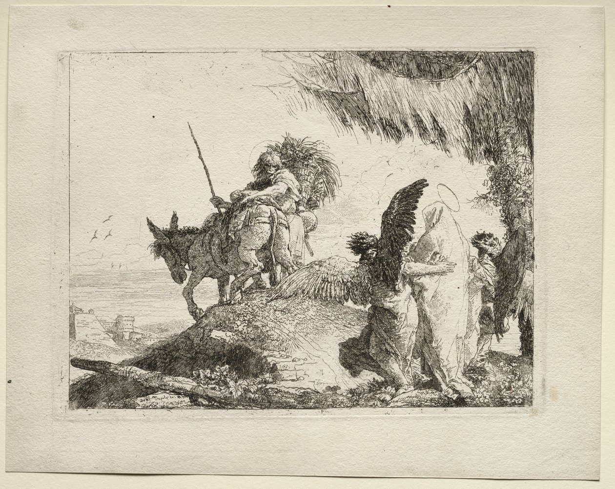 De Vlucht naar Egypte: De Vlucht met de Madonna Rechts Ondersteund door Engelen door Giovanni Domenico Tiepolo