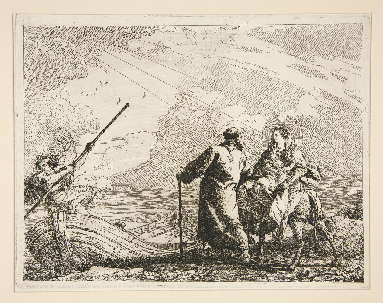 De heilige familie arriveert aan de rand van een rivier, uit de serie Idee pittoresche sopra la fuga in Egitto (Vlucht naar Egypte) door Giovanni Domenico Tiepolo