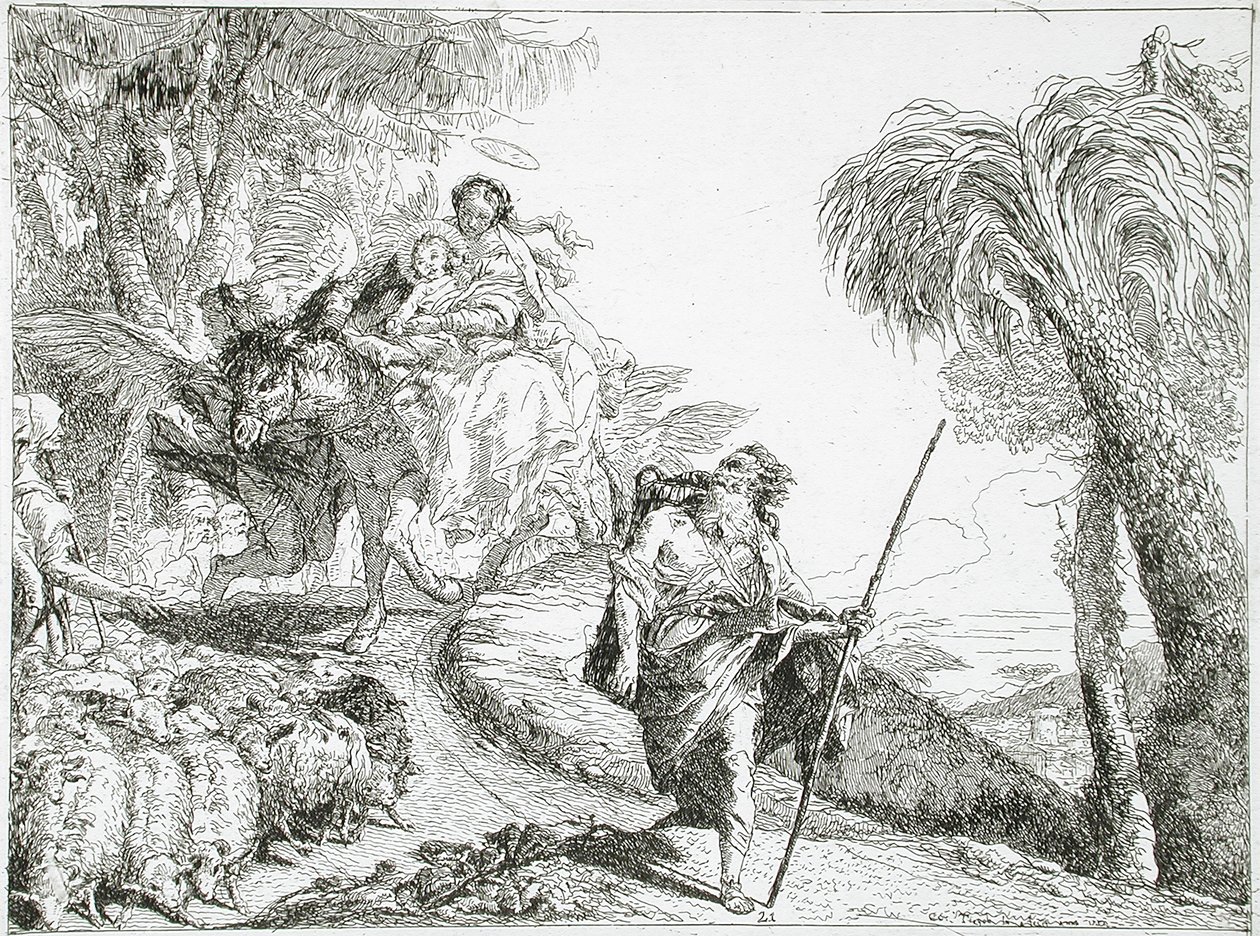 De Heilige Familie daalt een bospad af, nabij een kudde en enkele herders door Giovanni Domenico Tiepolo