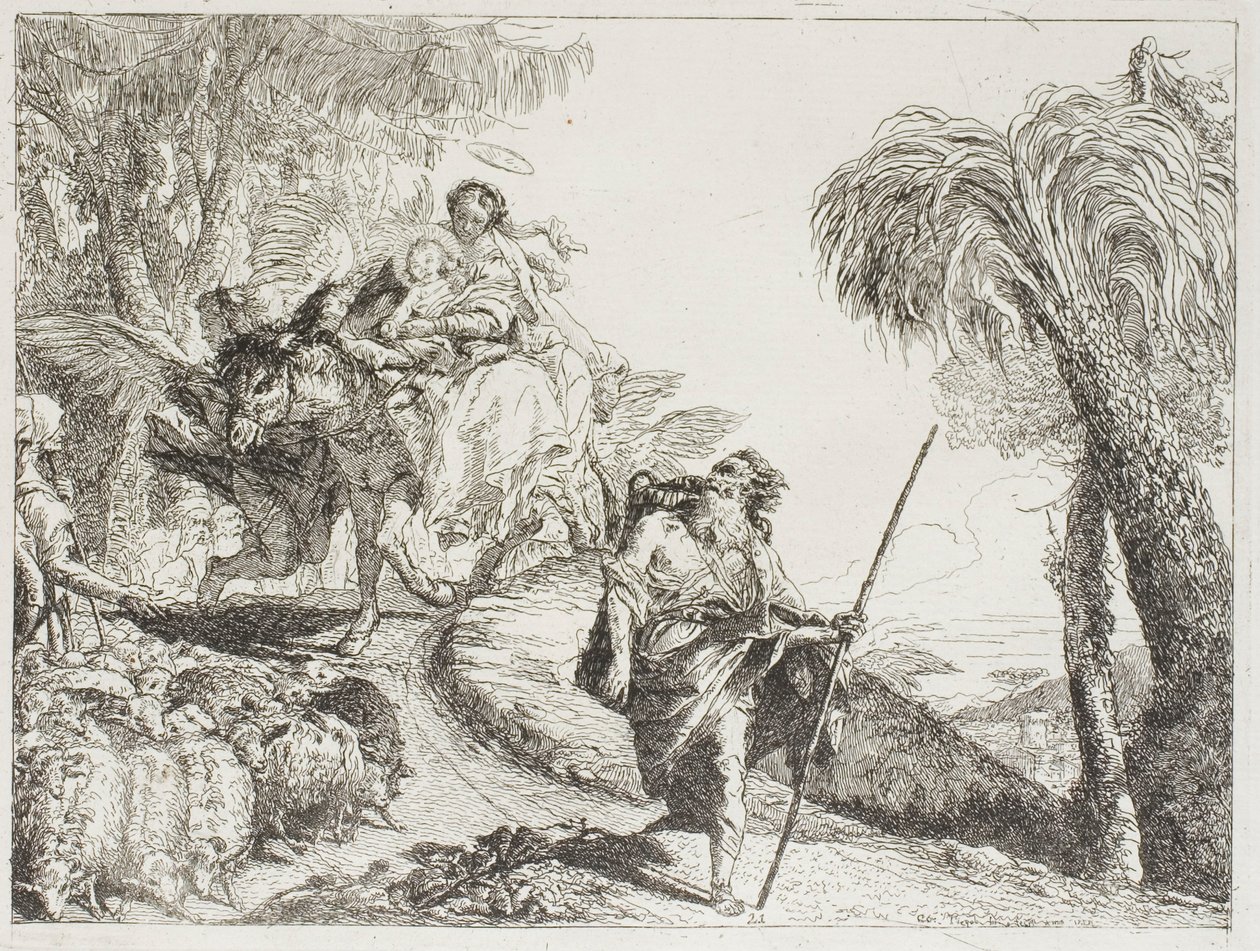 De Heilige Familie die een Bosweg Afdalen, Bij een Kudde en Enkele Herders, plaat 21 uit De Vlucht naar Egypte door Giovanni Domenico Tiepolo