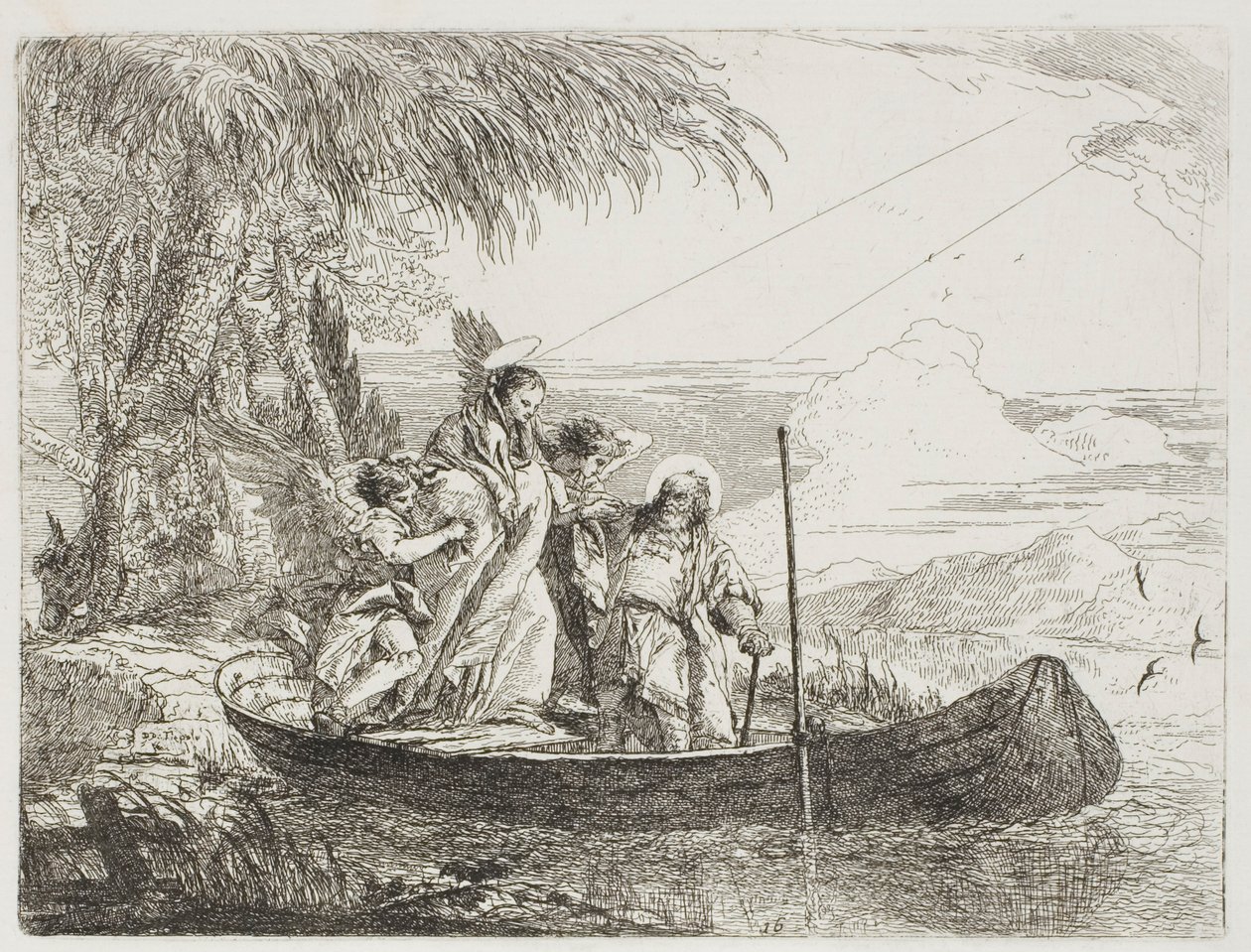 De Heilige Familie gaat aan boord met de hulp van de engelen, plaat zestien uit De vlucht naar Egypte door Giovanni Domenico Tiepolo