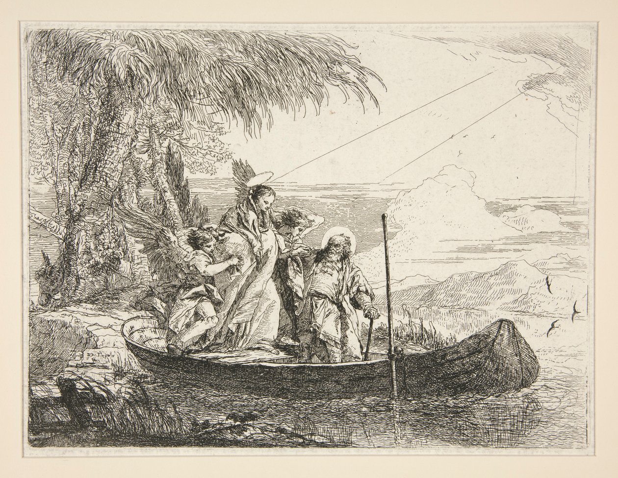 De Heilige Familie gaat aan boord, uit de serie Idee pittoresche sopra la fuga in Egitto door Giovanni Domenico Tiepolo
